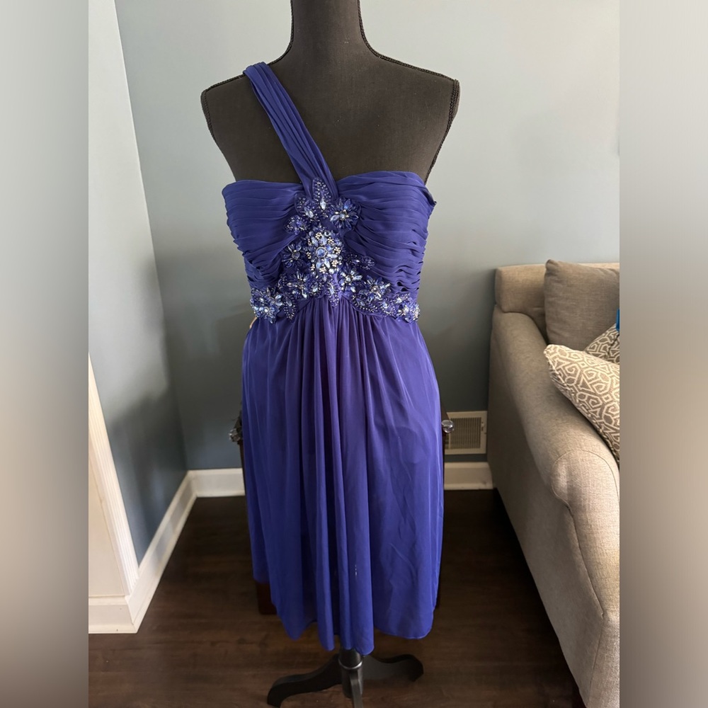 Royal blue knee length one shoulder dress with beads